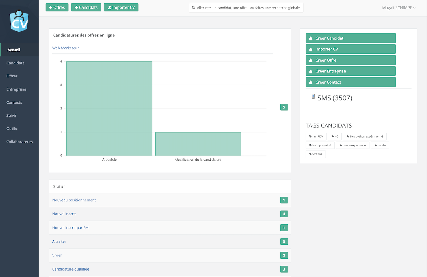 Dashboard MyCVthèque - Interface ATS de gestion des candidatures