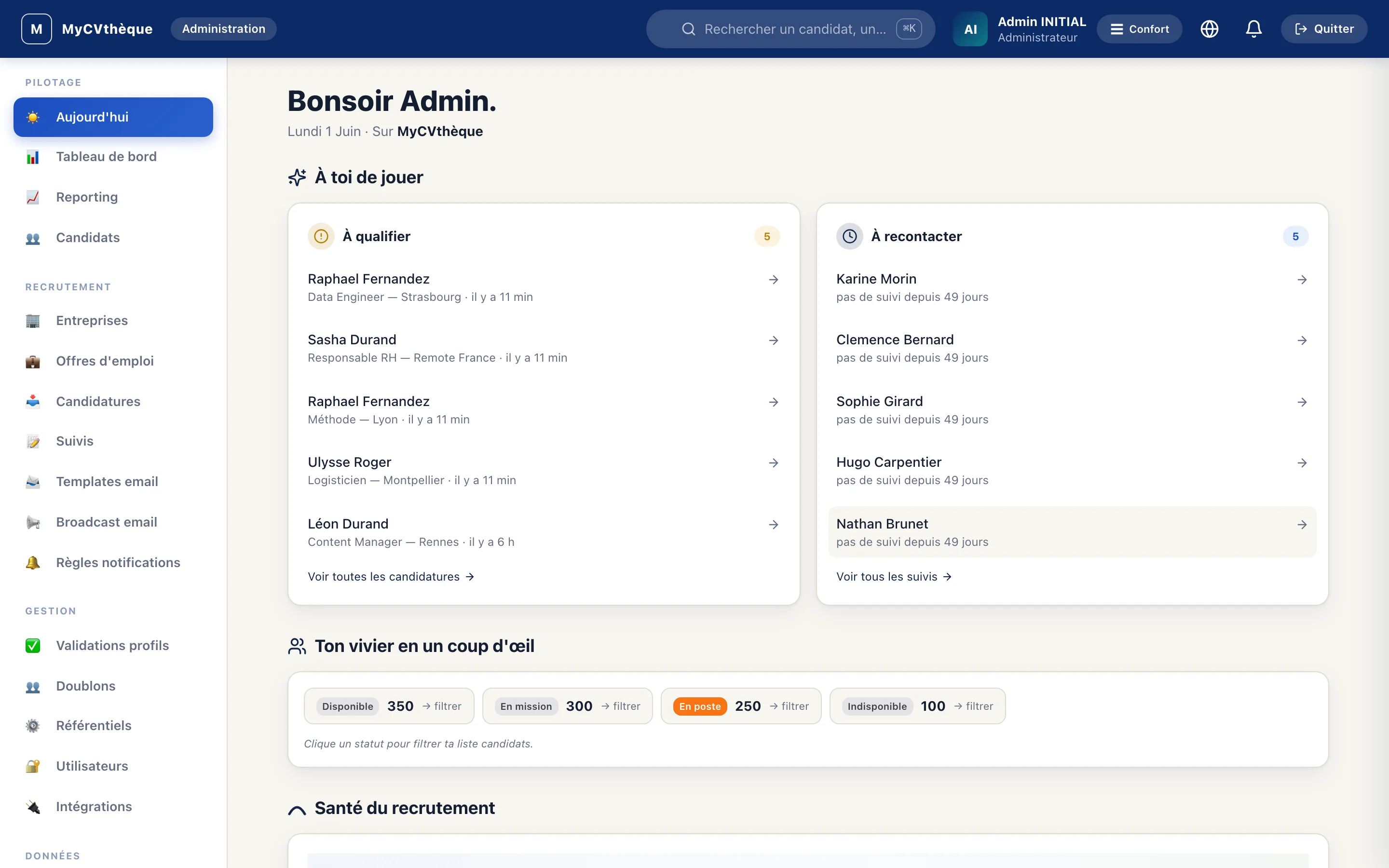 MyCVthèque V2 — Tableau de bord Aujourd'hui : vivier formateurs, hill chart santé recrutement, badges statut MYCV cliquables