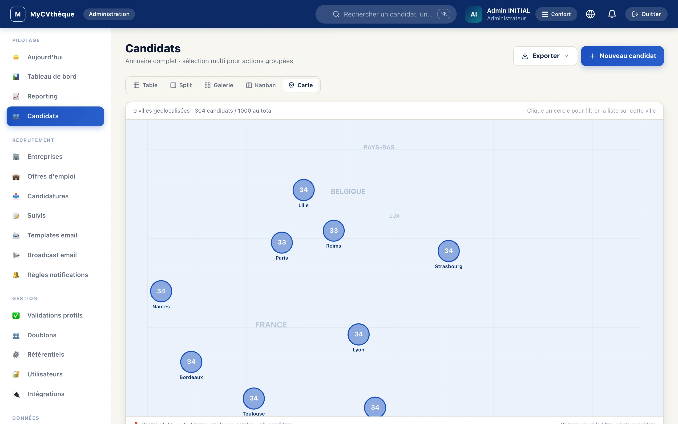 Carte géographique des candidats par ville